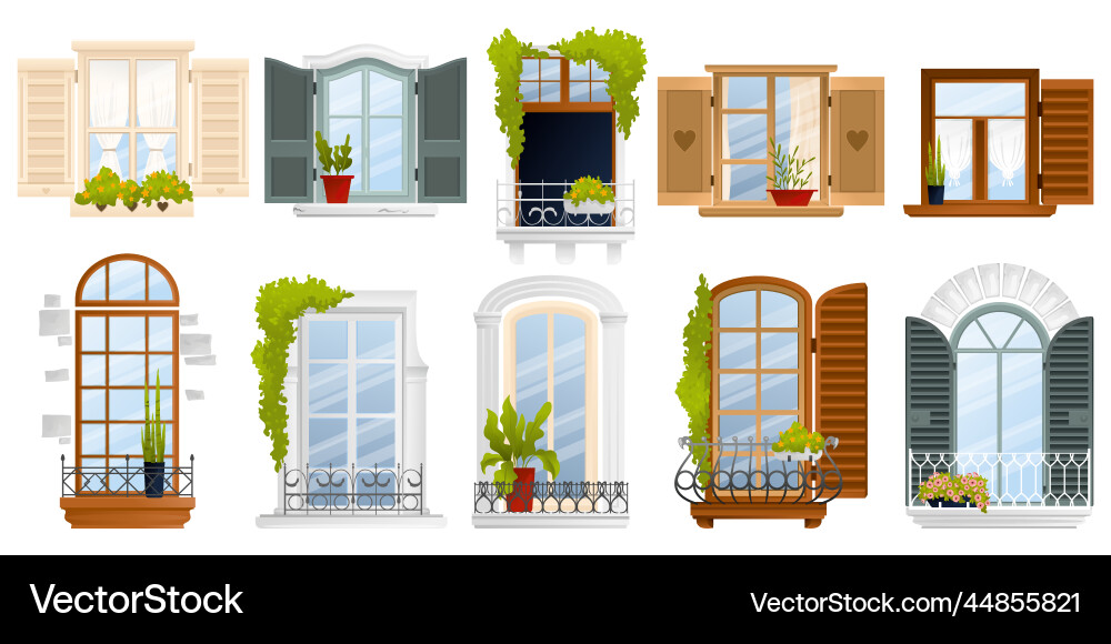 Vintage alte europäische Balkon-Fenster-Ikone Set Vintage alte europäische Balkon-Fenster-Ikone Set vektorbild