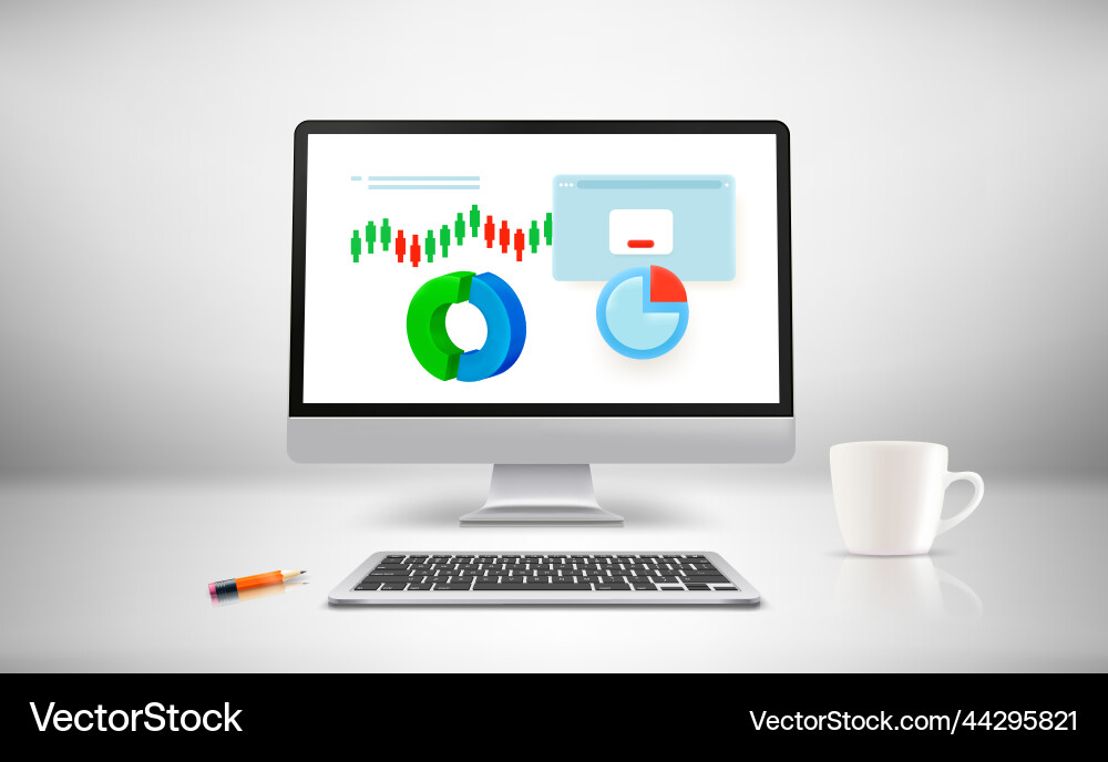 White room with modern computer and charts Vector Image
