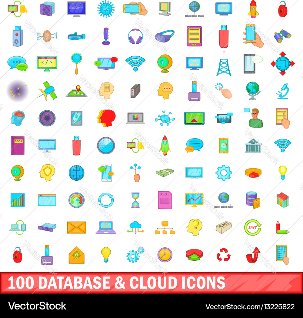100 database and cloud icons set cartoon style Vector Image