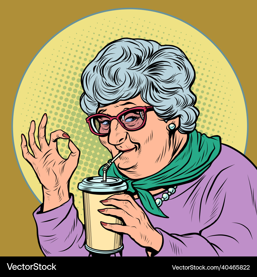 Elderly woman granny drinks a coke drink ok Elderly woman granny drinks a coke drink ok vector image