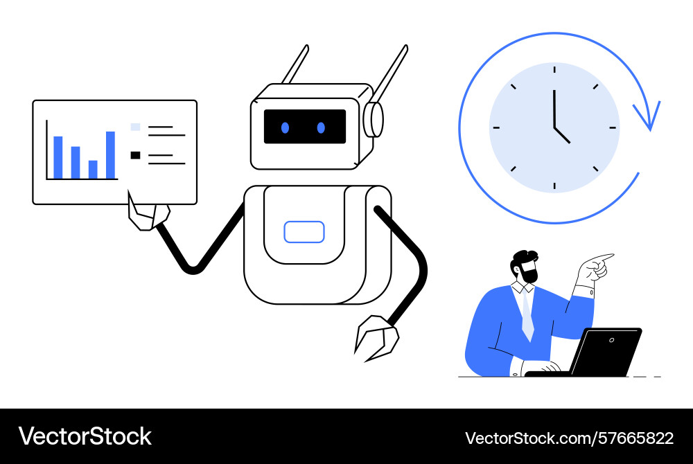Robot presenting data insights with time concept Robot presenting data insights with time concept vector image