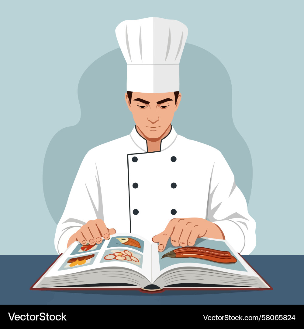 Focused Chef Reading Cookbook Vector Image