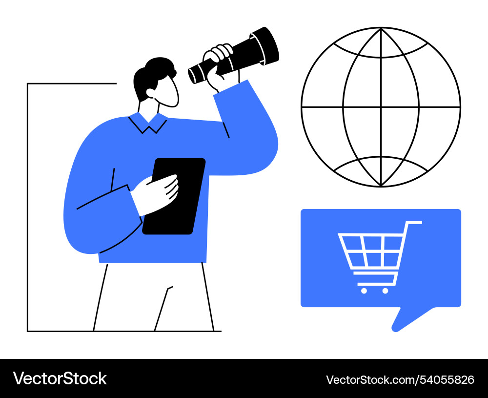 Man with telescope and tablet symbolizing global e Man with telescope and tablet symbolizing global e vector image