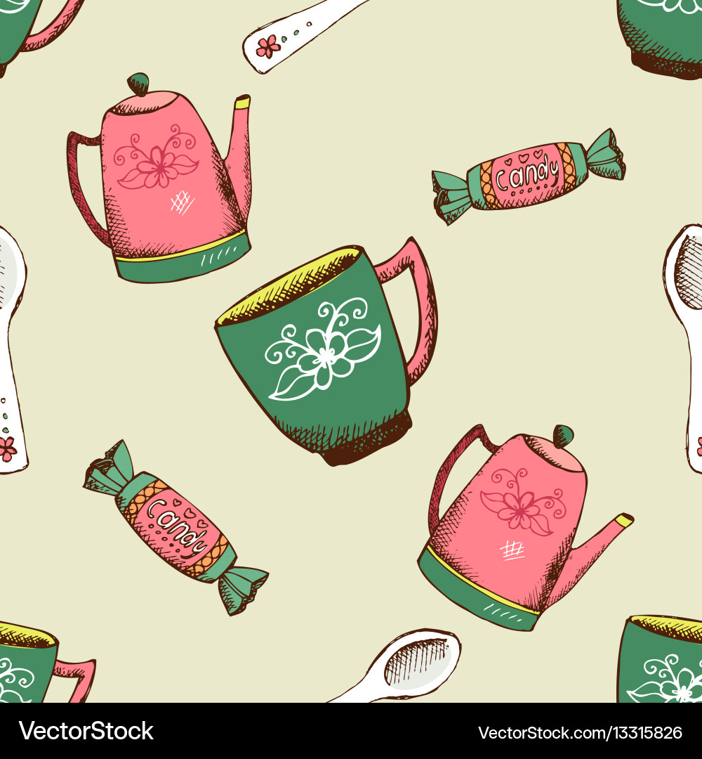 Vintage pattern with kettle cup and candy Vector Image