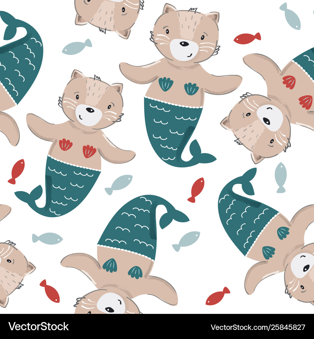 Cute cat mermaid seamless pattern kids background Vector Image