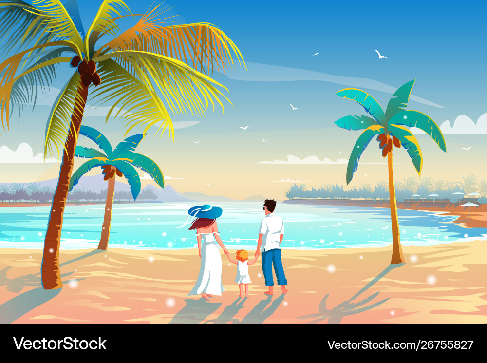 Rückblick auf eine glückliche Familie am tropischen Strand Rückblick auf eine glückliche Familie am tropischen Strand vektorbild