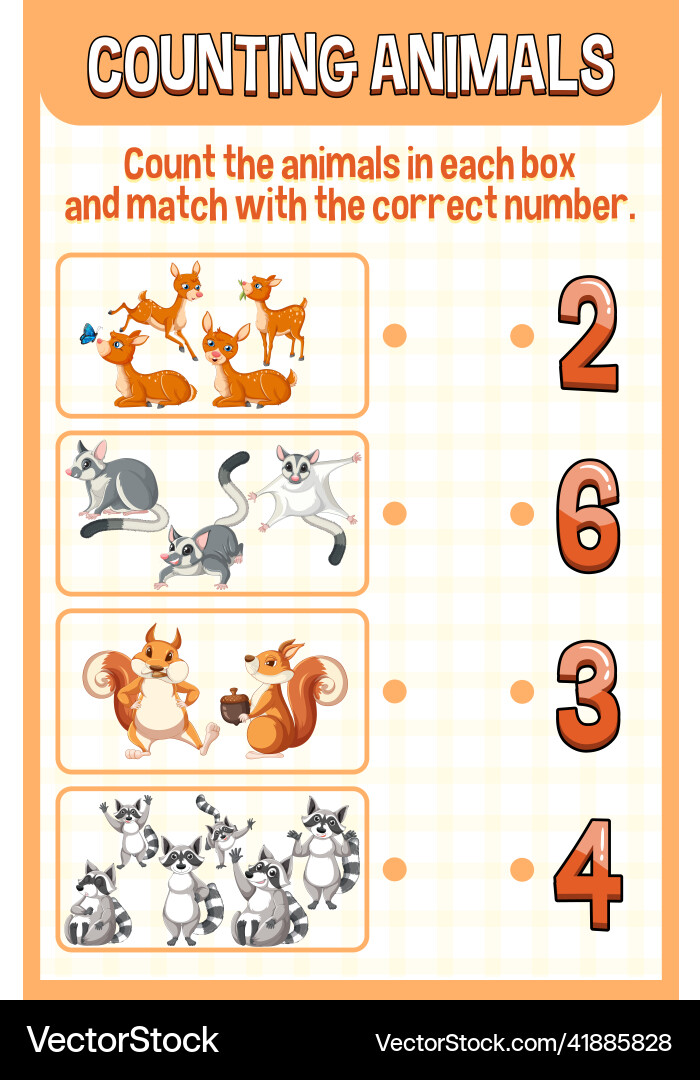 Match by count with different types of animals Match by count with different types of animals vector image