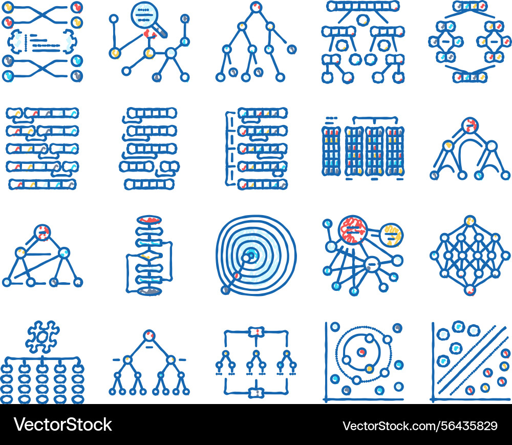 Algorithm data technology ai icons hand drawn Algorithm data technology ai icons hand drawn vector image