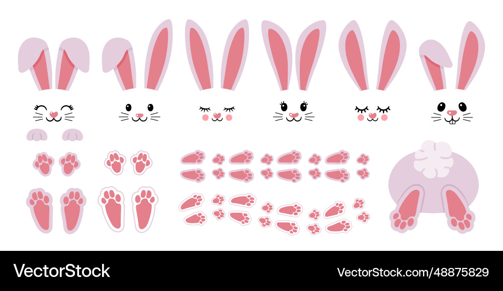 Cute Bunny Elements - Paw Prints & Faces Vector Image