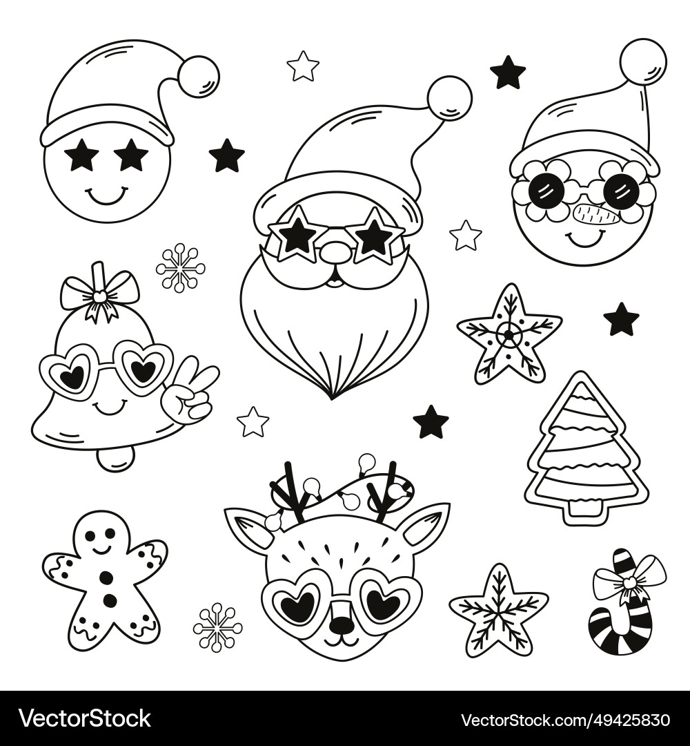 Set of isolated outline groovy retro santa reind Set of isolated outline groovy retro santa reind Vector Image
