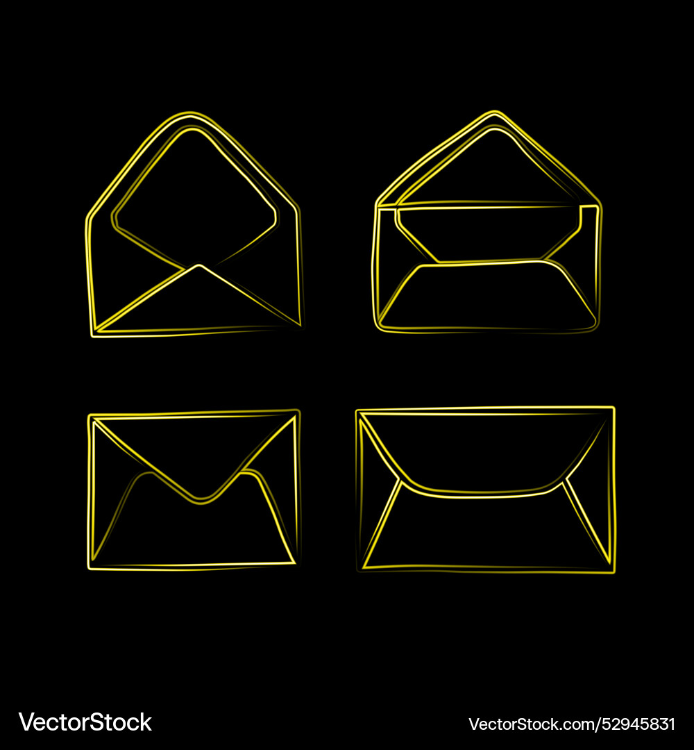 Set of open and closed envelopes with neon effect Set of open and closed envelopes with neon effect Vector Image