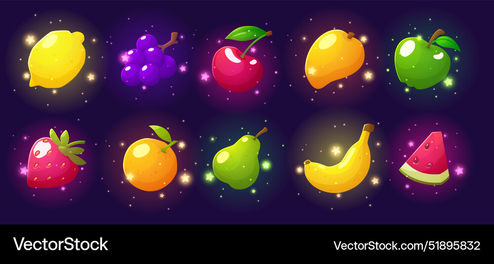 Fruit game icons or puzzle ui elements realistic Fruit game icons or puzzle ui elements realistic Vector Image