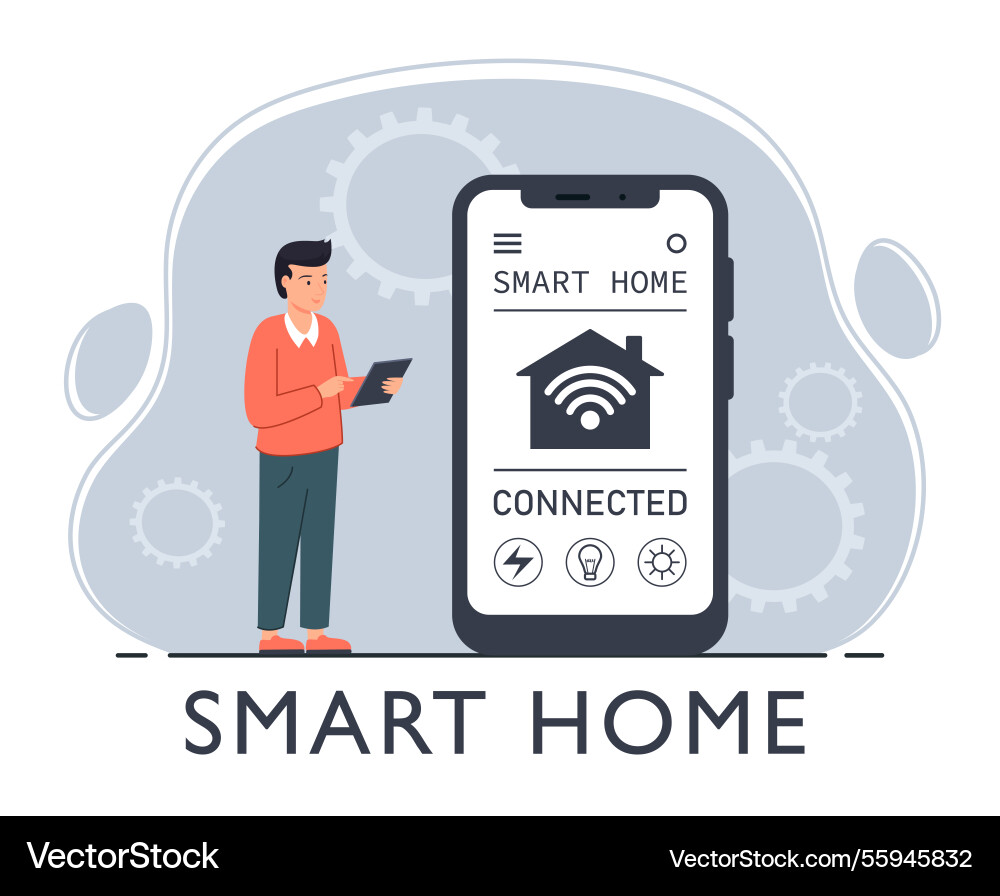 Man use mobile app for remote control smart home Man use mobile app for remote control smart home vector image