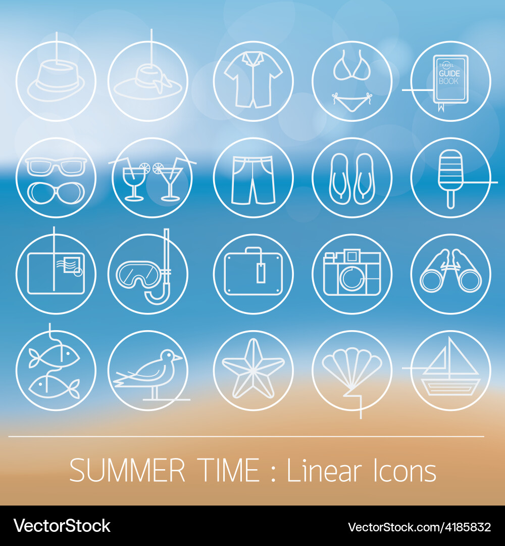 Summer objects linear icons set on blur background Vector Image