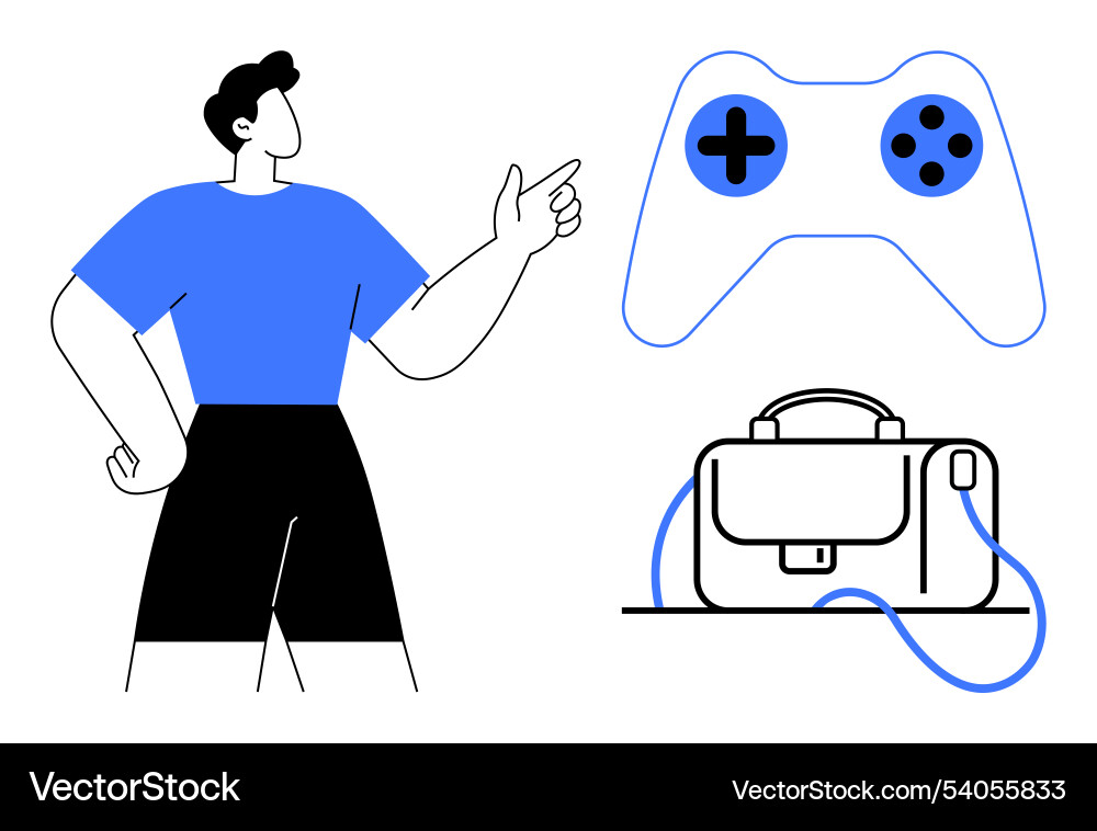Man gesturing at game controller and bag Man gesturing at game controller and bag Vector Image