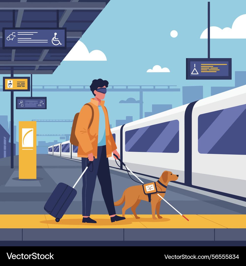 Man with visual impairment traveling guide Man with visual impairment traveling guide Vector Image