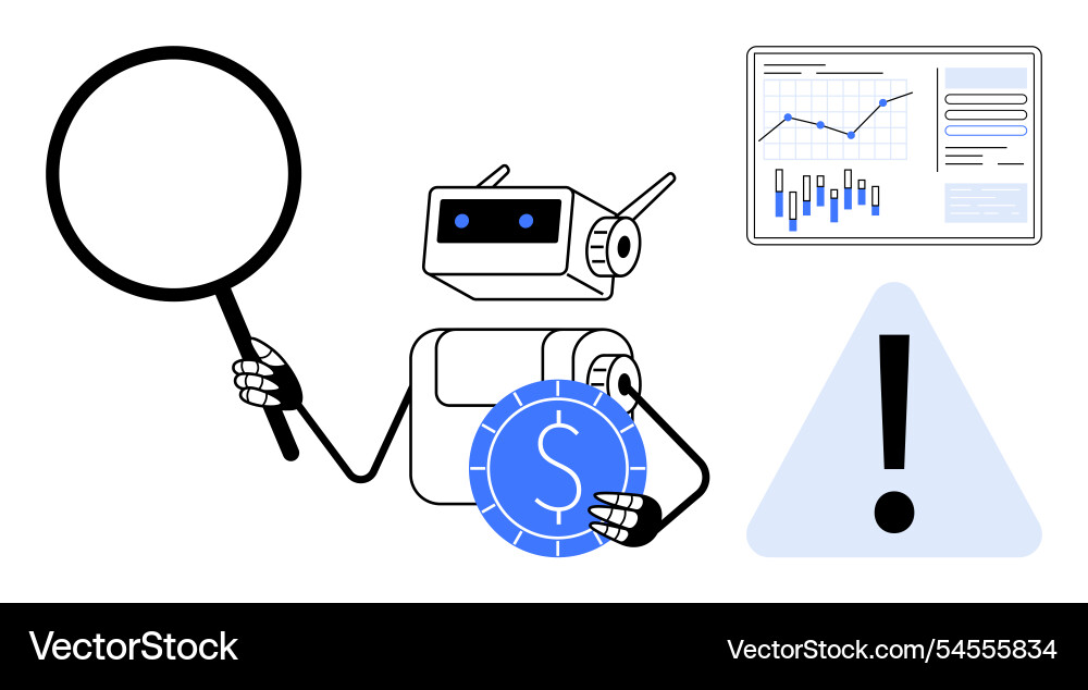 Robot analyzing financial data with magnifying Robot analyzing financial data with magnifying vector image