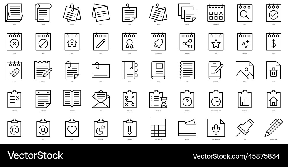 Set of simple outline notes and tasks icons thin Set of simple outline notes and tasks icons thin vector image