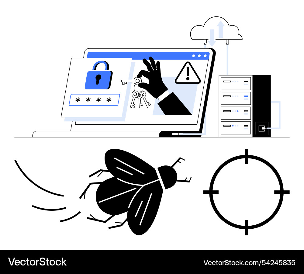 Cybersecurity concept with lock key and virus vector image