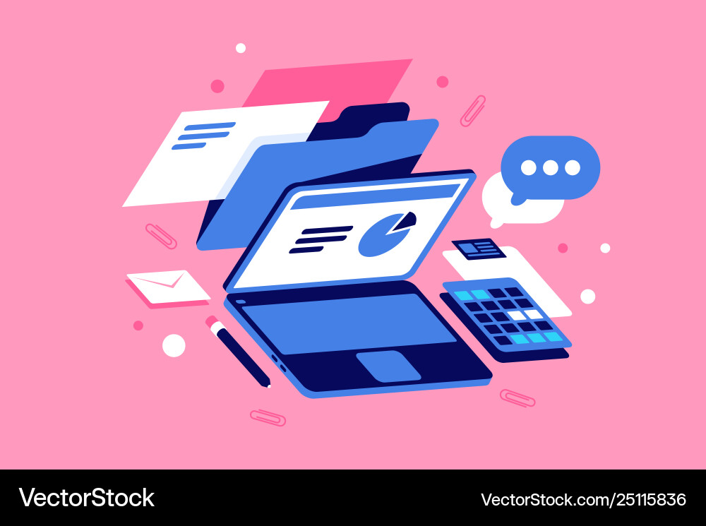 Flat workplace with doc laptop graph message Flat workplace with doc laptop graph message vector image
