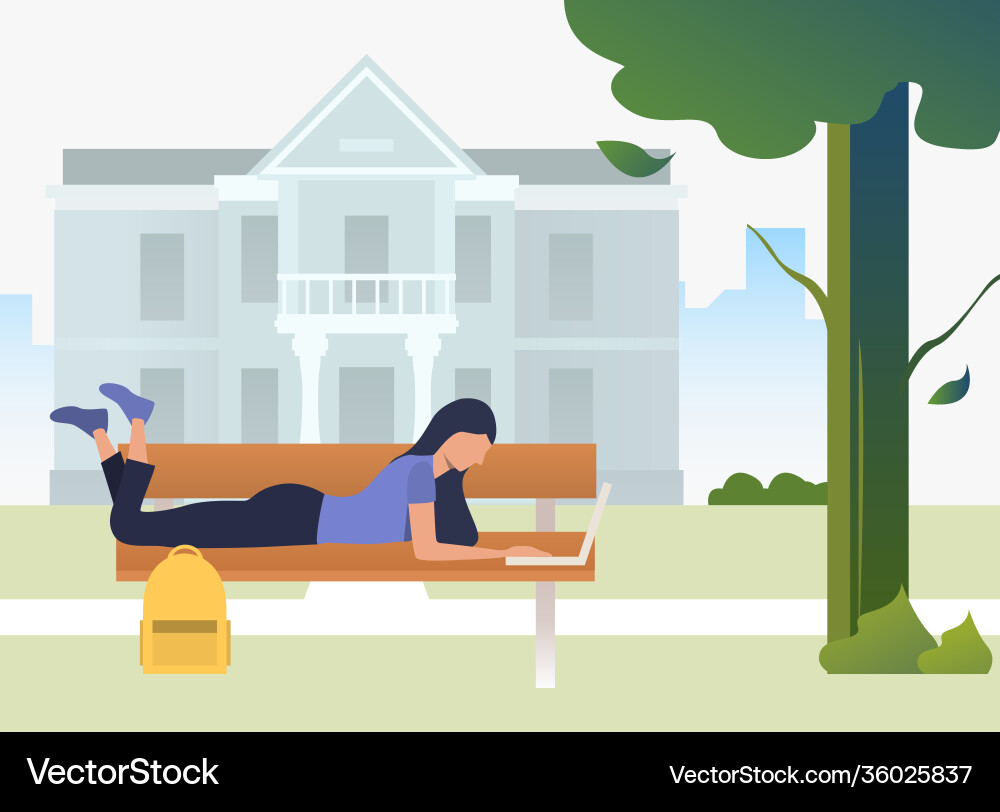 Student studying using laptop and lying on bench Vector Image