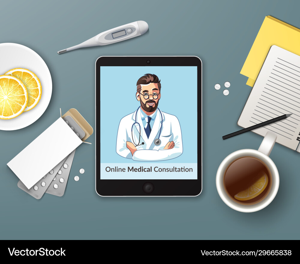 Online consultation with doctor using tablet vector image