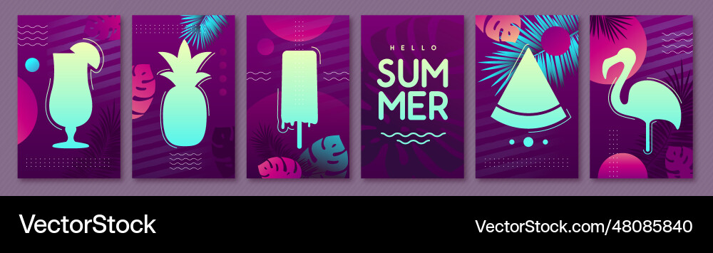 Set of fluorescent summer posters with silhouettes vector image