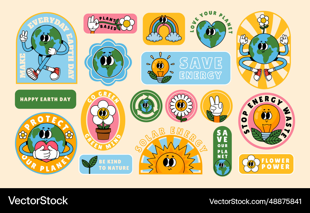 Cartoon retro earth stickers save planet old Cartoon retro earth stickers save planet old vector image