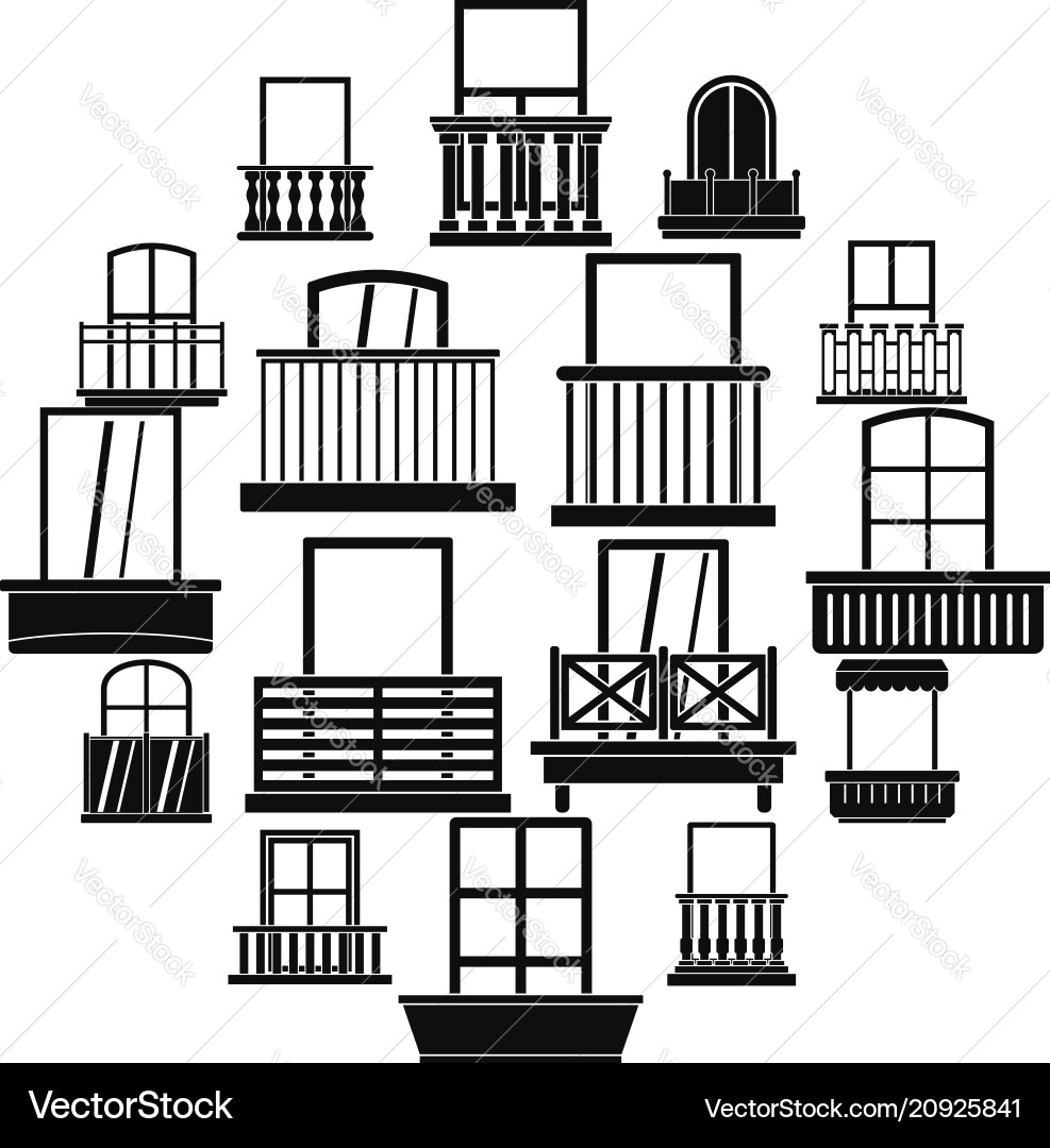 Window forms icons set balcony simple style Window forms icons set balcony simple style vector image