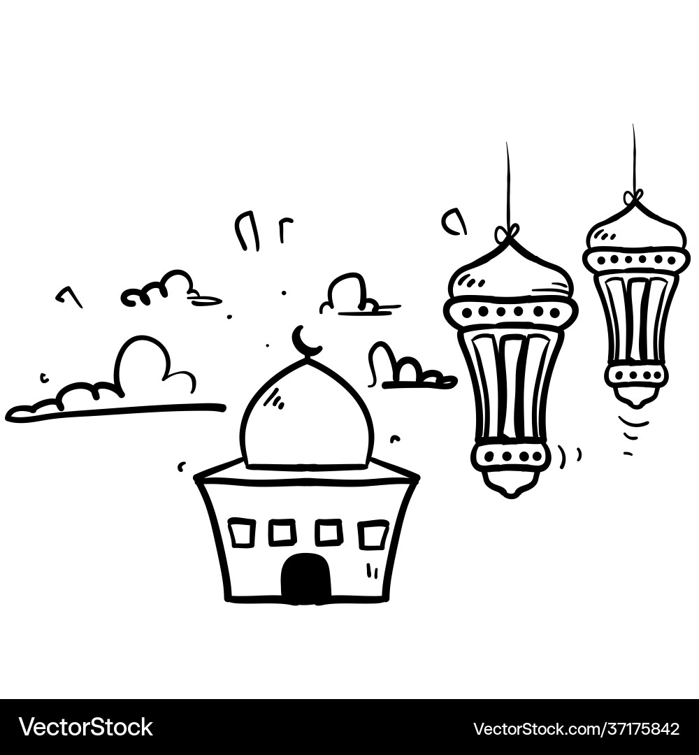 Hand drawn doodle mosque and arabic lantern vector image