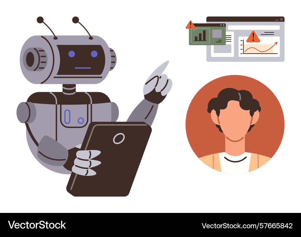 Robot analyzing data with tablet next to alert Robot analyzing data with tablet next to alert vector image