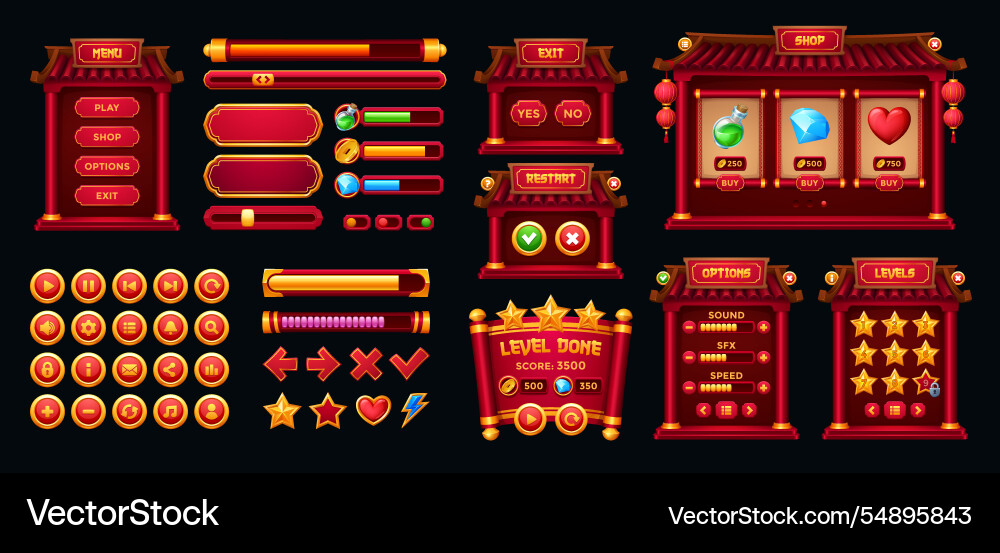 Chinese game interface gui buttons frames asset Chinese game interface gui buttons frames asset vector image