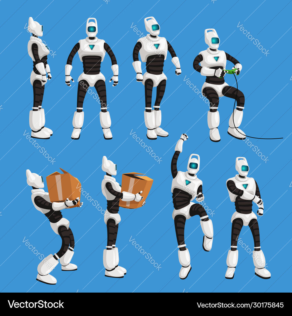 Robot in different poses set on blue background vector image