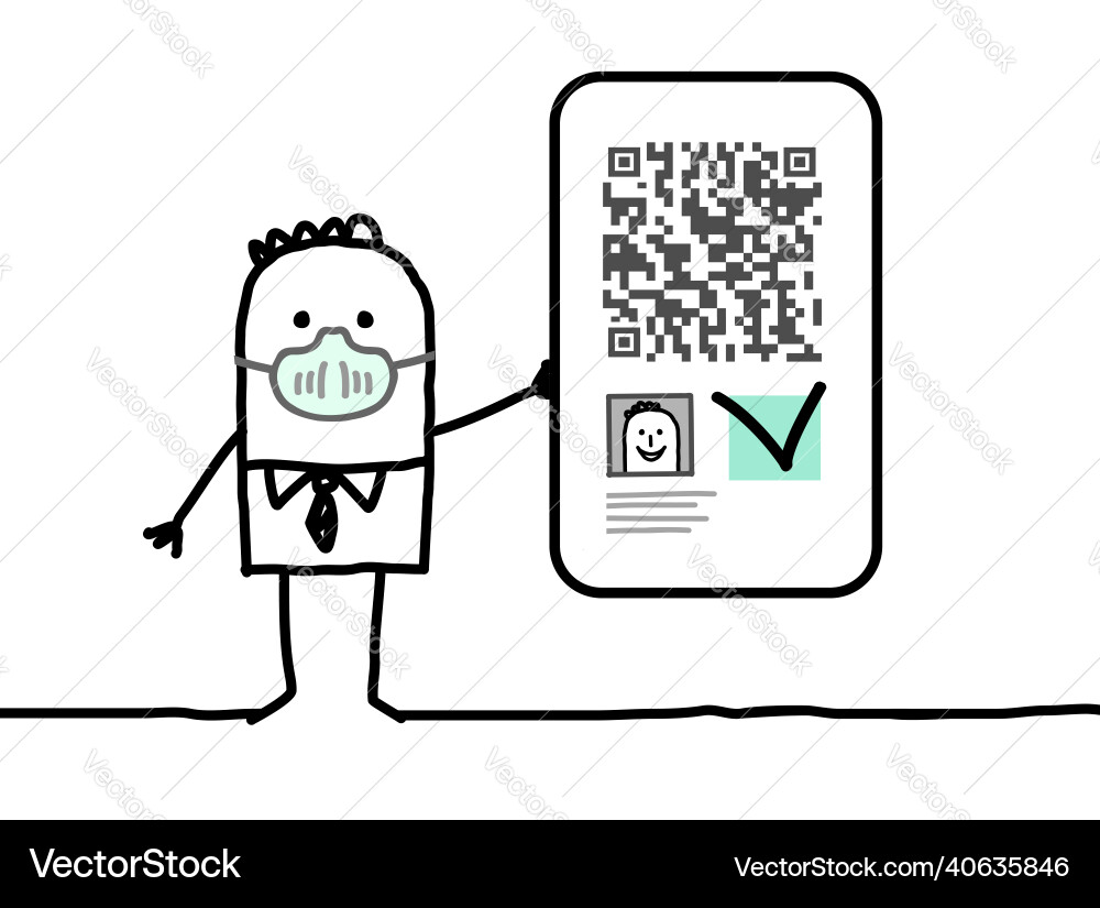 Cartoon man with mask showing a valid qr code Cartoon man with mask showing a valid qr code vector image