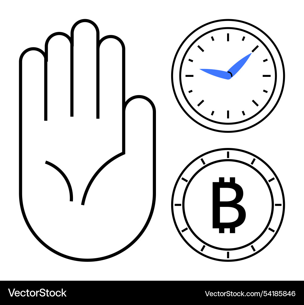Open palm with clock and bitcoin sign symbolizing Open palm with clock and bitcoin sign symbolizing vector image