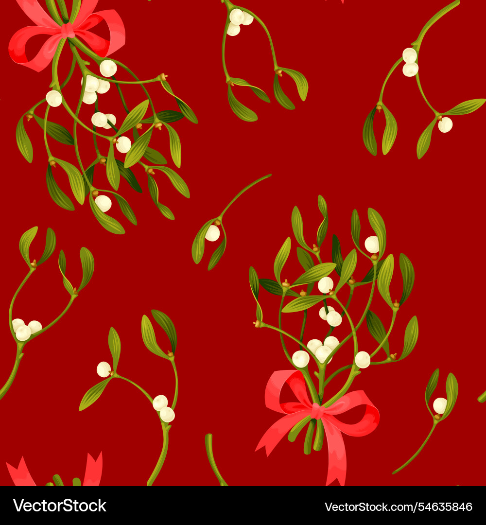 Seamless pattern with mistletoe on red background vector image