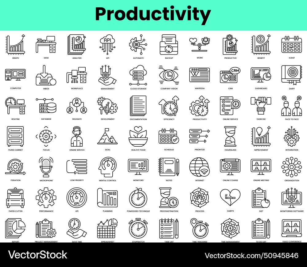 Set of productivity icons linear style icon bundle Set of productivity icons linear style icon bundle vector image