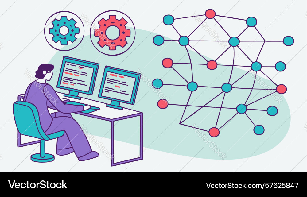 Engineer with tech network gears - system Vector Image
