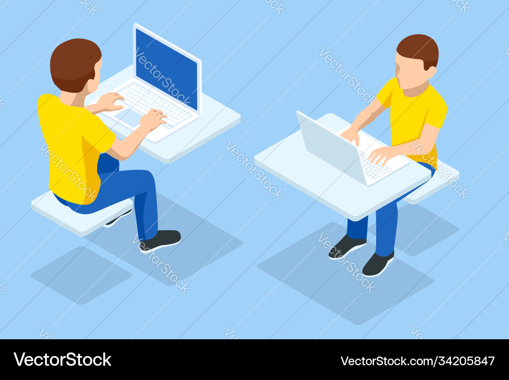 Isometric boy at computer front and back view Isometric boy at computer front and back view vector image