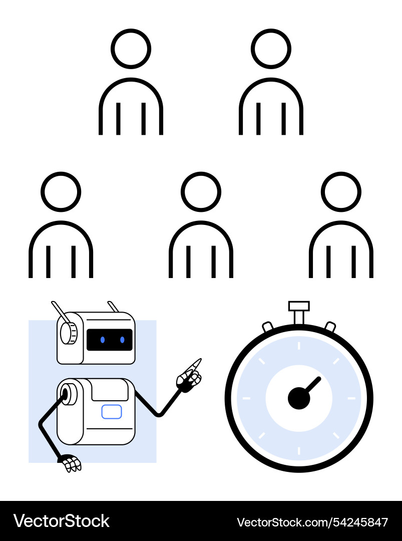 Robot pointing at stopwatch with multiple simple Robot pointing at stopwatch with multiple simple vector image