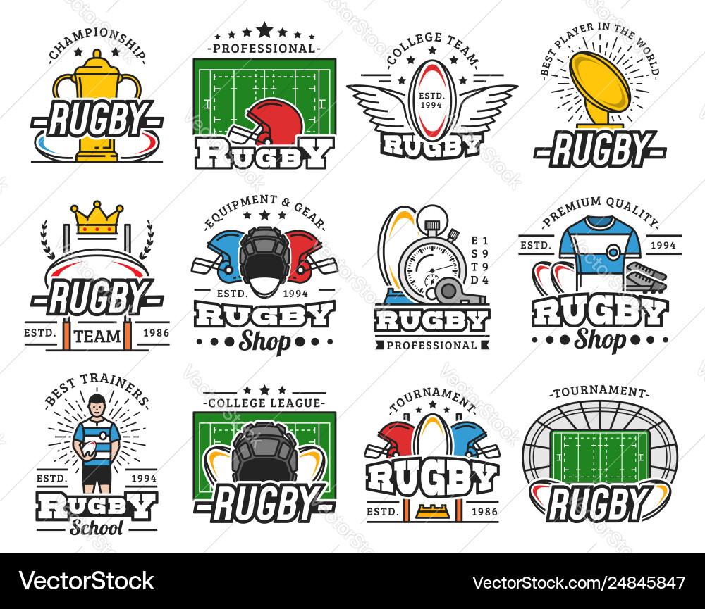 Rugby club championship sport equipment icons Rugby club championship sport equipment icons vector image
