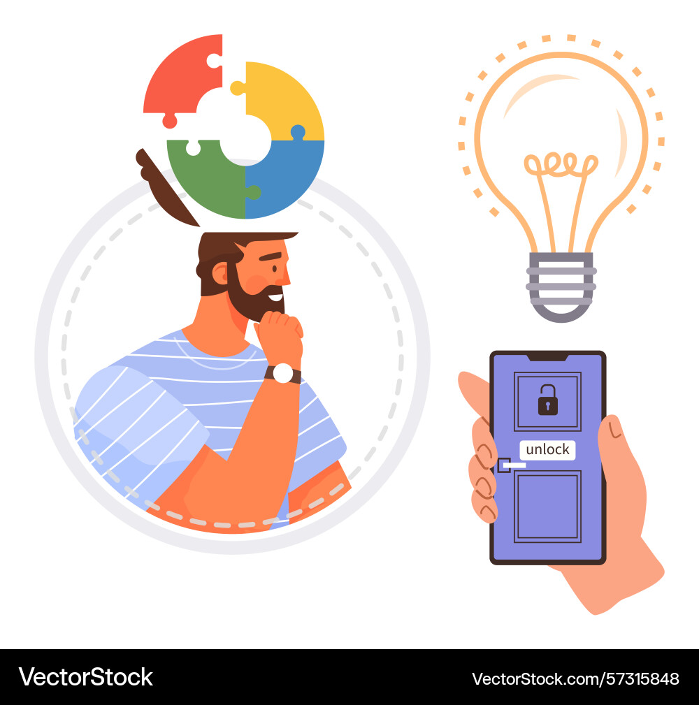Man contemplating puzzle thought with smartphone Man contemplating puzzle thought with smartphone vector image