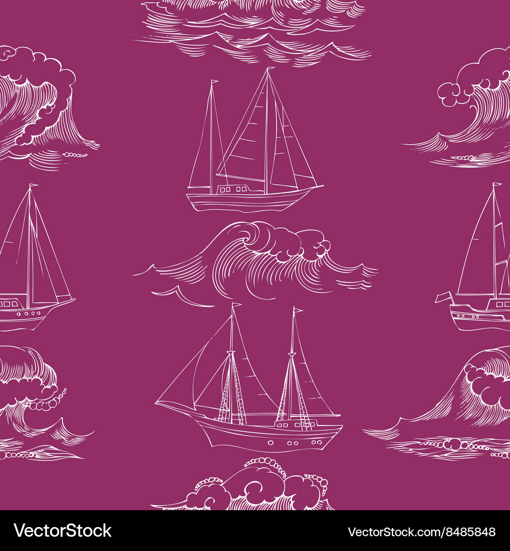 Seamless pattern with waves and ships Vector Image