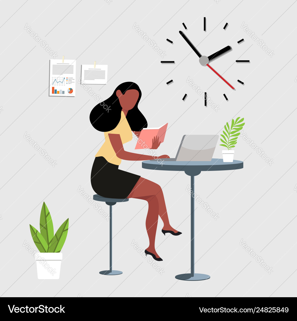 Woman reading a book with computer workspace Woman reading a book with computer workspace vector image