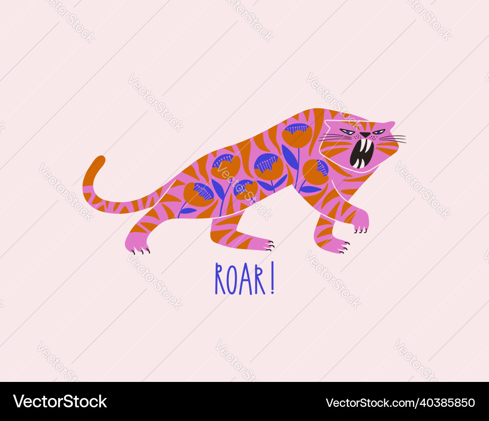Folk art floral decorated tiger Folk art floral decorated tiger vector image