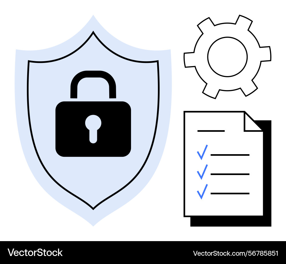 Secure shield with lock checklist and gear Secure shield with lock checklist and gear Vector Image
