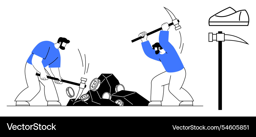 Workers using hammer and pickaxe to break large Workers using hammer and pickaxe to break large vector image