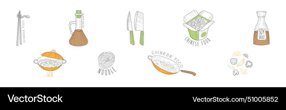 Chinesische Wok Nudeln Gericht Vorbereitung Element Linie Chinesische Wok Nudeln Gericht Vorbereitung Element Linie vektorbild