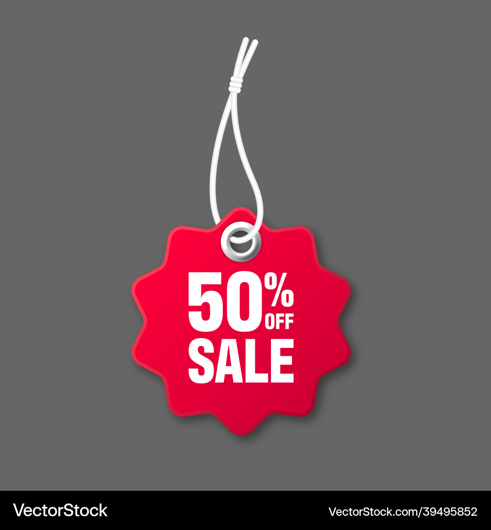 Realistic red price tag with white string on gray Realistic red price tag with white string on gray Vector Image