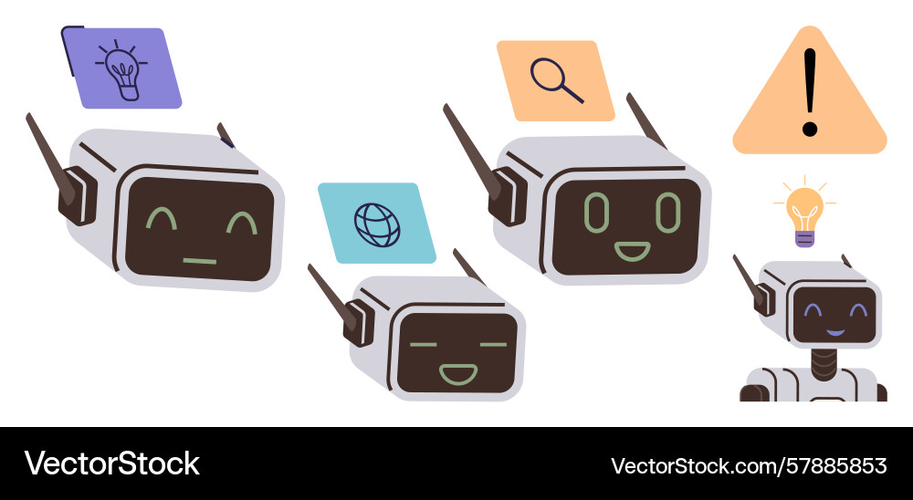 Friendly robots displaying icons for innovation Friendly robots displaying icons for innovation vector image